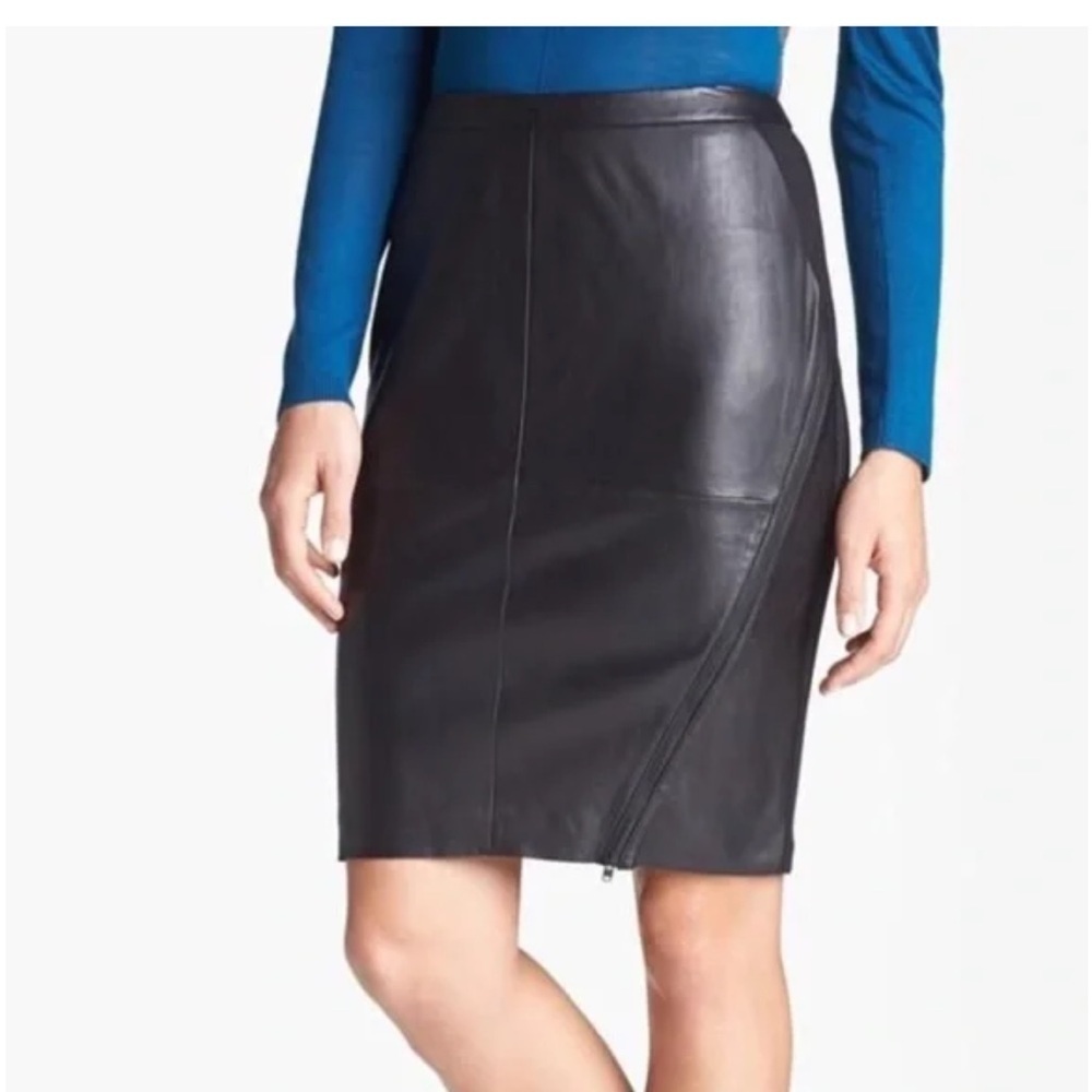 Nordstrom Trouvé leather black pencil skirt front-side zipper size 6